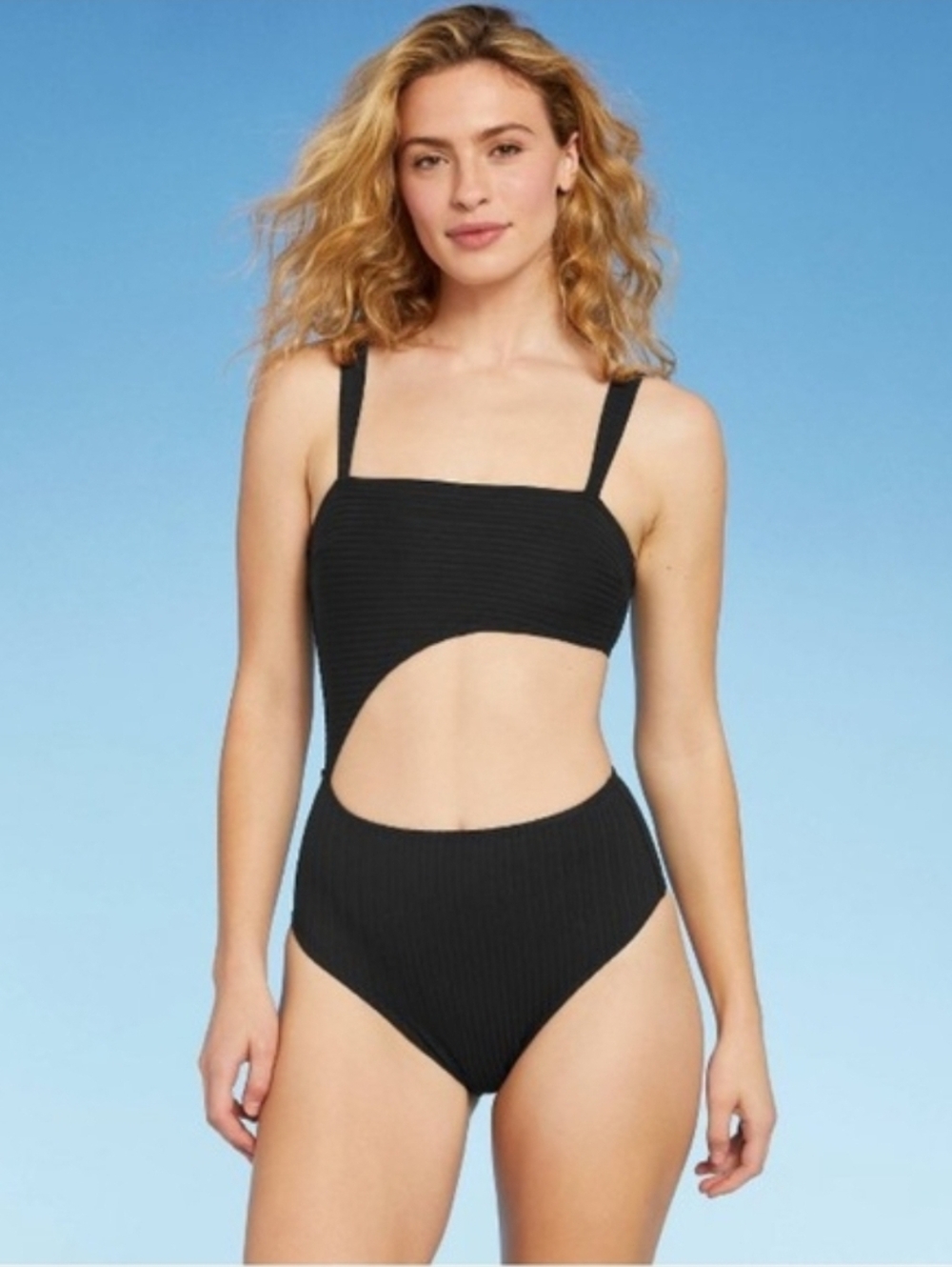 Shade & Shore Ribbed Cutout One Piece Swimsuit Black L